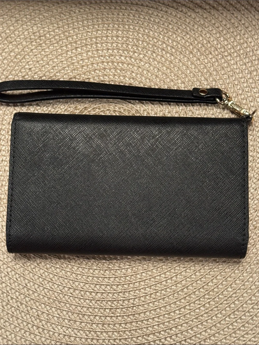 kate spade Black Saffiano Leather Wristlet Clutch with Gold Logo